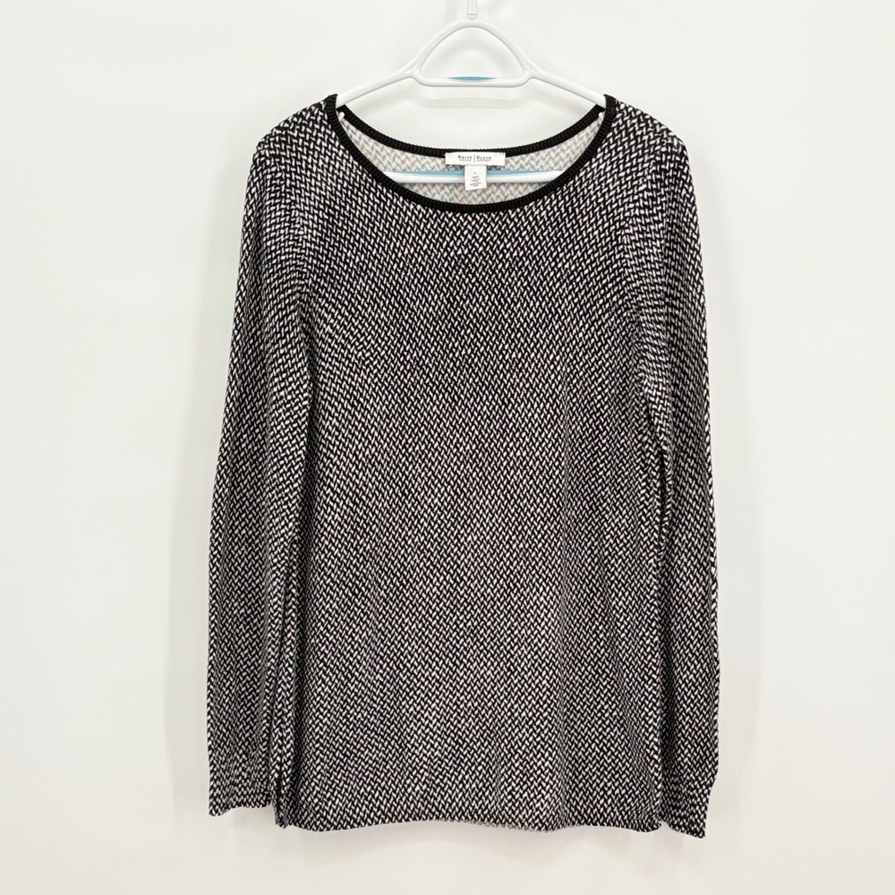 White House Black Market Black White Textured Knit Sweater‎ Elbow Patches Large
